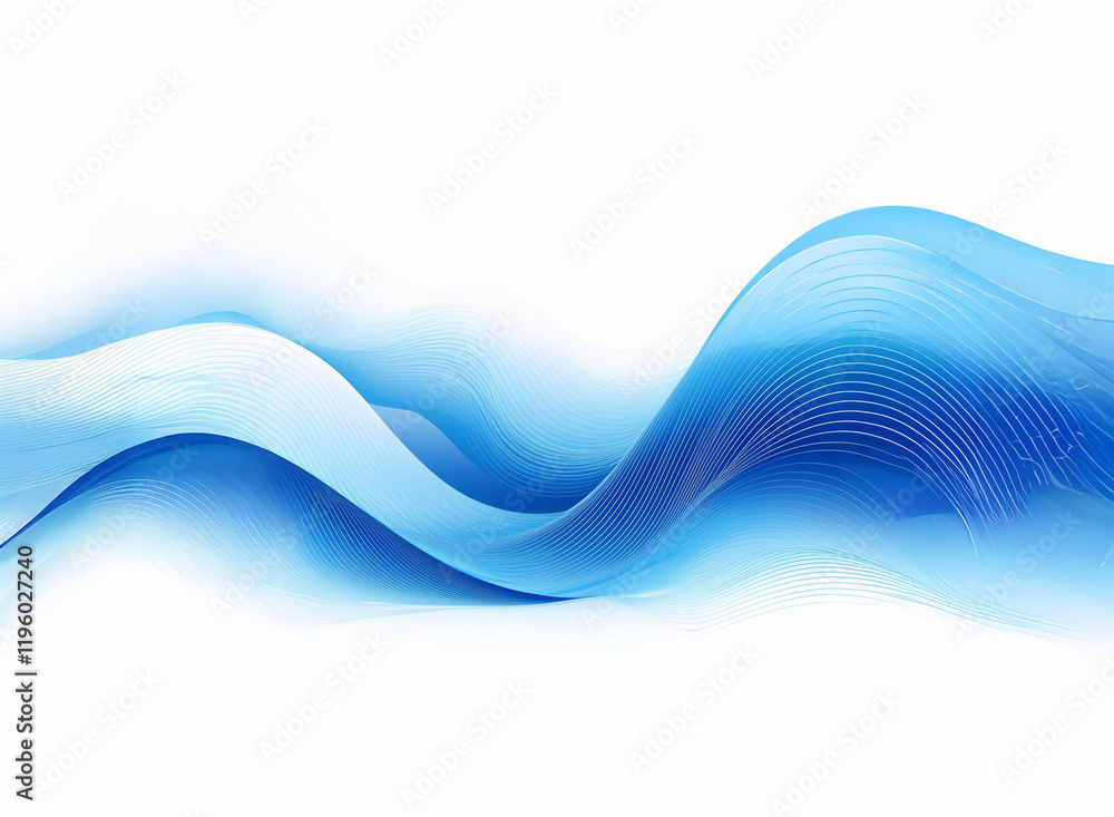 Poster abstract image featuring flowing, translucent blue waves on a white background. the waves create a s
