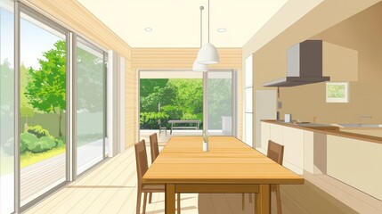 Fototapeta premium Elegant Scandinavian dining room mockup with a natural wood table and a bright, open layout.