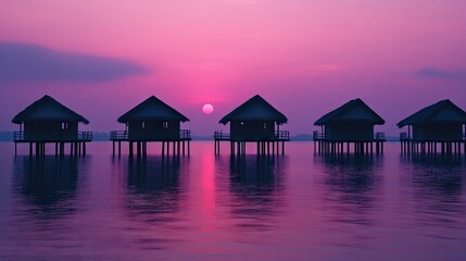 Obraz premium Fishing huts dotting a tranquil coastline as the sun dips below the horizon.