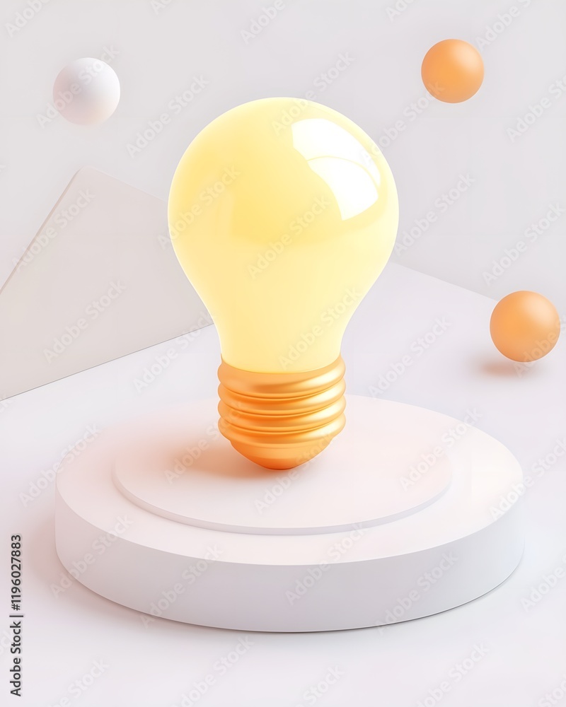 Poster illuminated lightbulb on circular platform with three spheres
