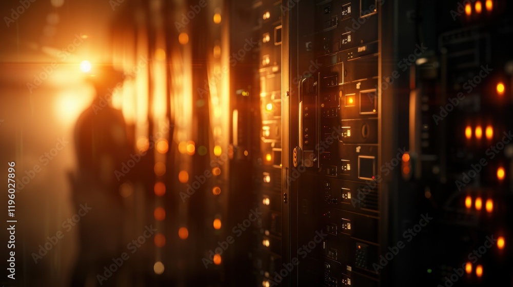 Poster a dimly lit server room with glowing lights, highlighting a figure working among rows of data server