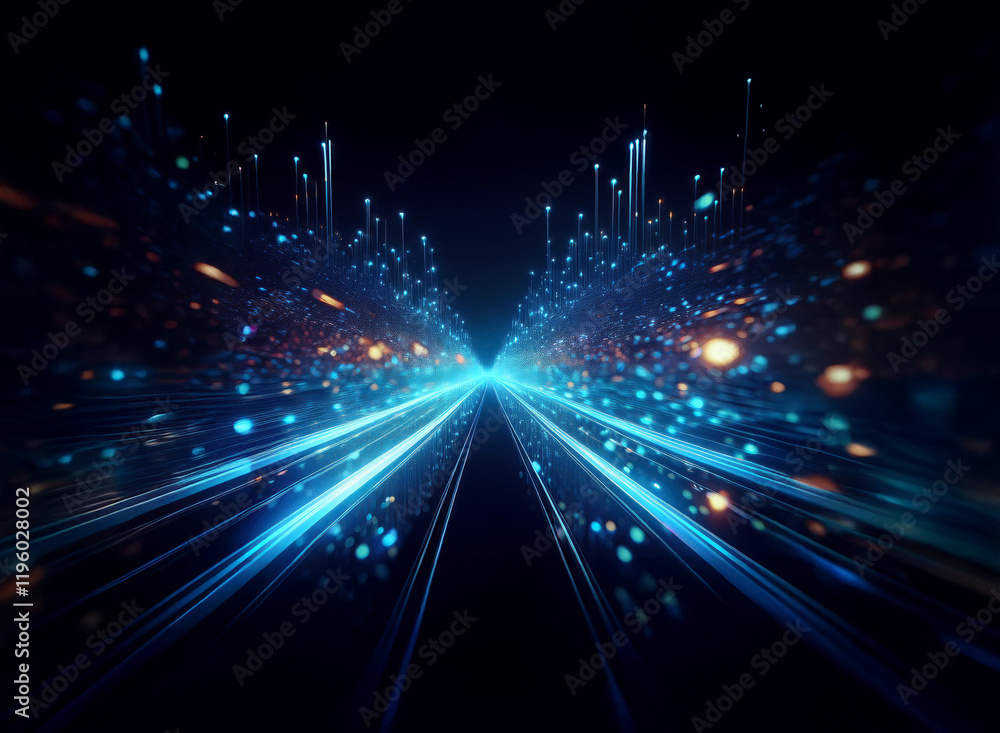 Poster a mesmerizing digital tunnel of light streaks and glowing particles extends into the dark abyss, cre