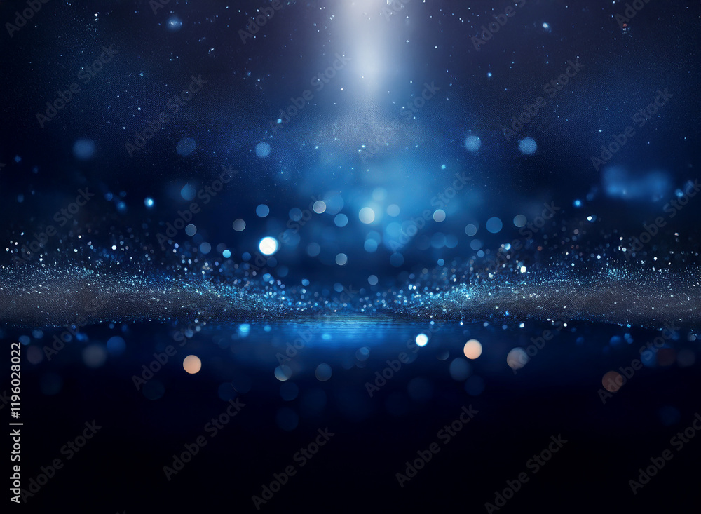 Poster dark blue abstract background with glittering particles and bokeh lights, creating a magical, ethere