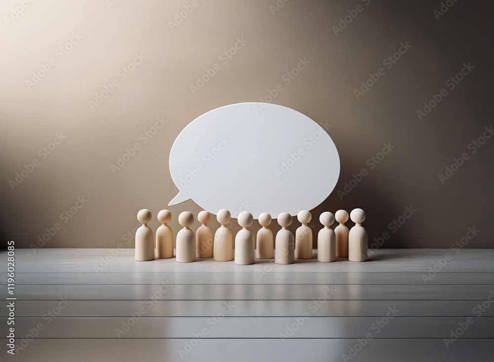 Poster a group of wooden figurines stands before a large blank speech bubble, symbolizing communication, di