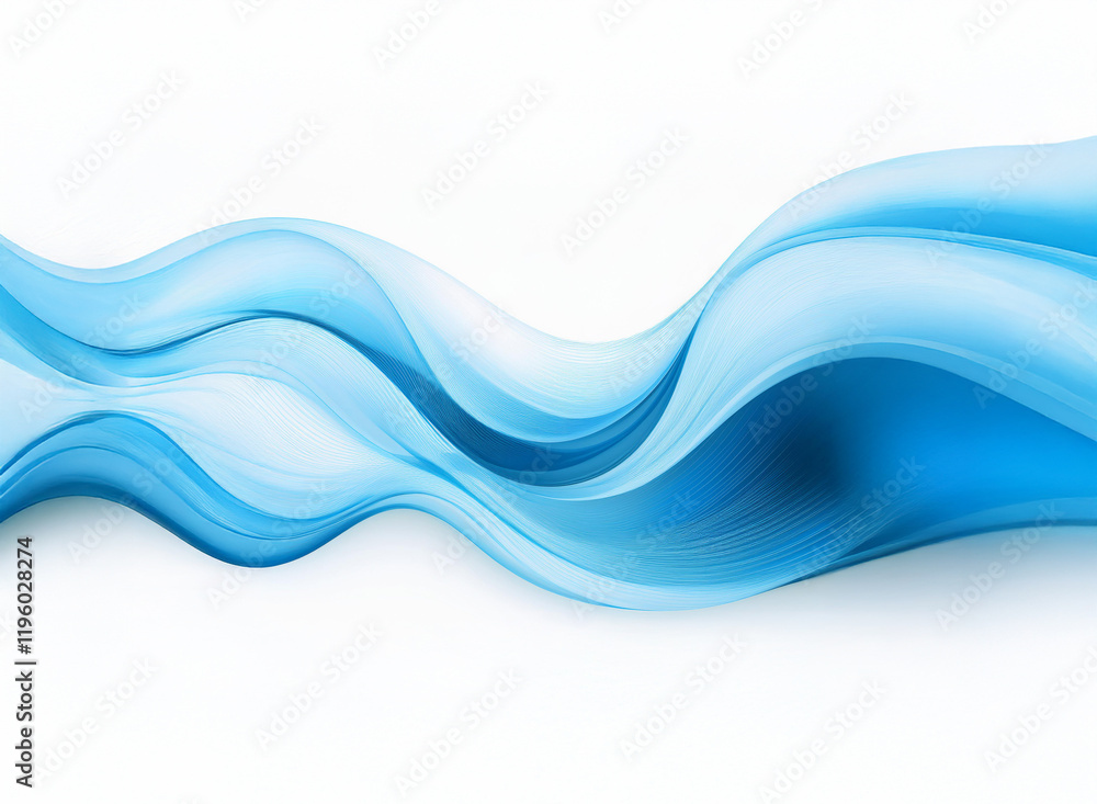 Poster abstract image of flowing, translucent blue waves on a white background. the waves create a sense of