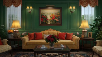 High-end living room with green walls, a glass coffee table, and dim light fixtures.