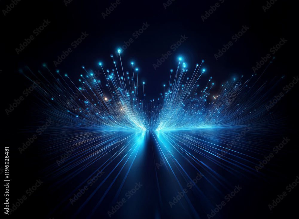 Poster abstract image of glowing blue light streaks converging in a v-shape, creating a sense of speed and 