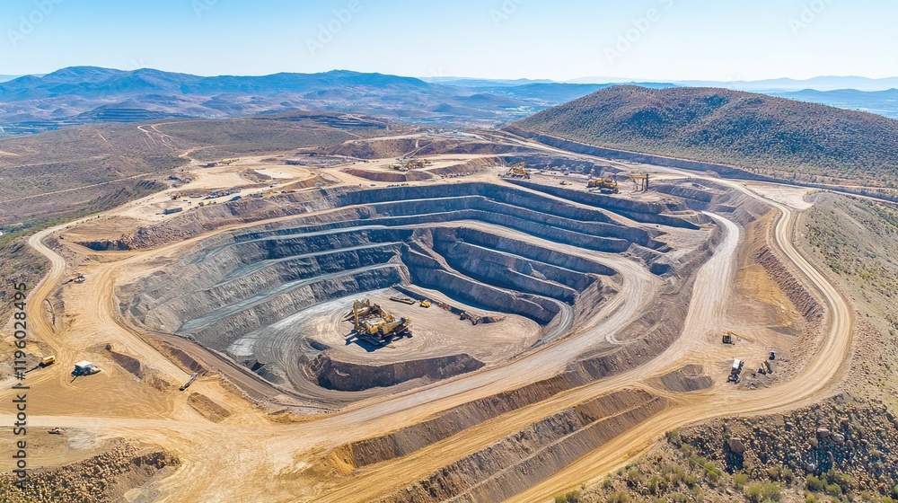 Poster aerial view of a mining operation, showing clear distinctions between rocky terrain and machinery zo