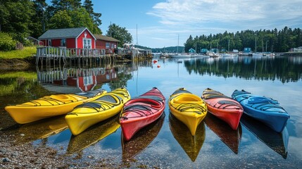 Kayaks lined up along the shore of a small port town.