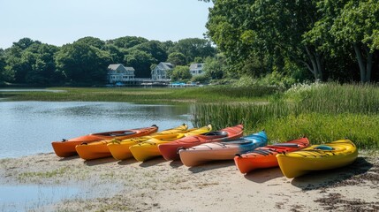 Kayaks lined up along the shore of a small port town.