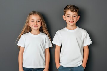 Fototapeta premium Two children in white t-shirts standing together, smiling against a gray background.