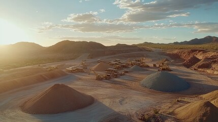 Fototapeta premium Aerial shot of a large-scale mining operation with heavy equipment and mineral piles visible.