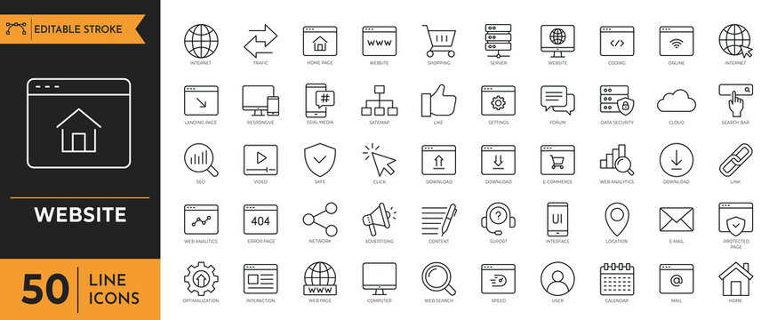 Website icon set. Containing web design, internet, content, SEO, server, homepage, e-commerce and more. Vector illustration