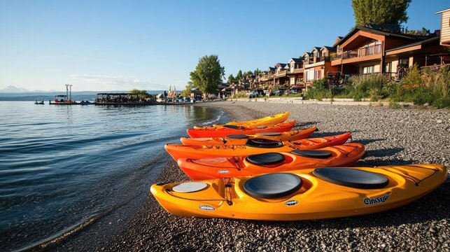 Kayaks lined up along the shore of a small port town.