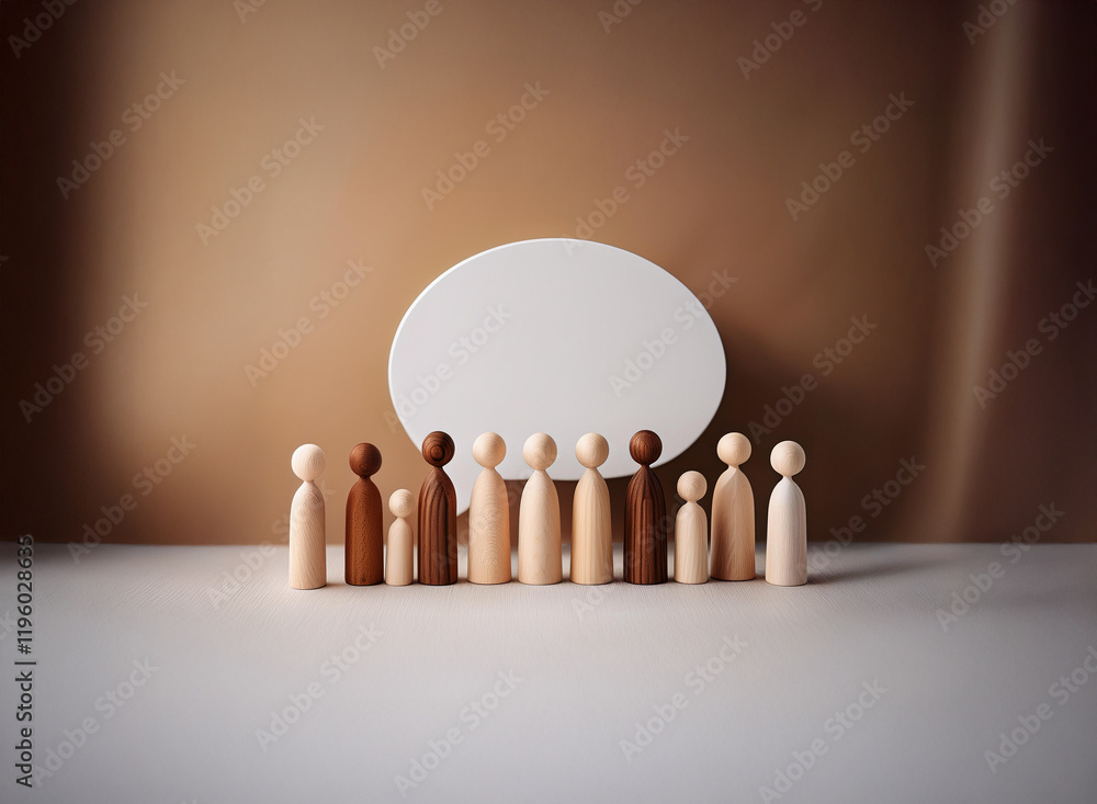 Poster a group of diverse wooden figures stands before a blank speech bubble, symbolizing unity and communi