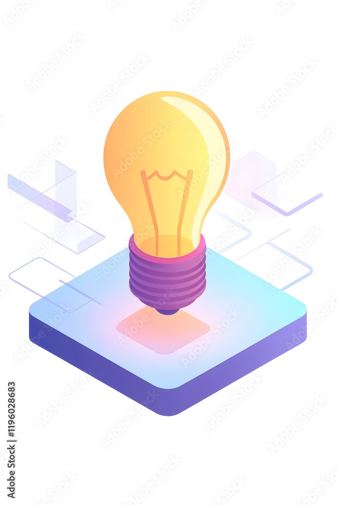 Poster isometric lightbulb on square platform with abstract background