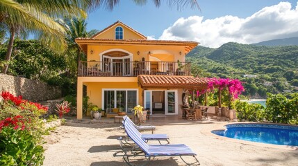Obraz premium Luxury beachfront villa with cozy lounge areas under shady pergolas.