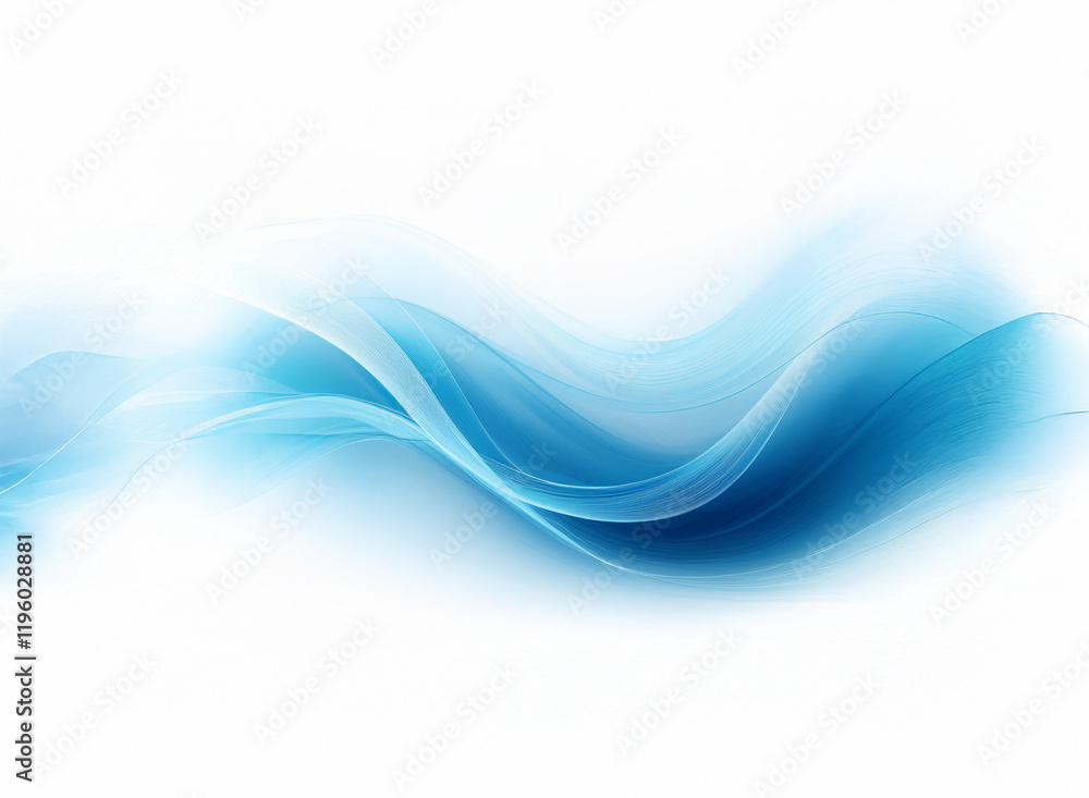 Poster abstract image featuring flowing, translucent blue waves on a white background. the waves create a s