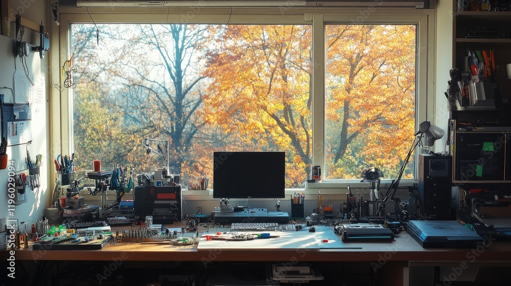 Poster a bright and clean workspace filled with tools and gadgets for rd projects.