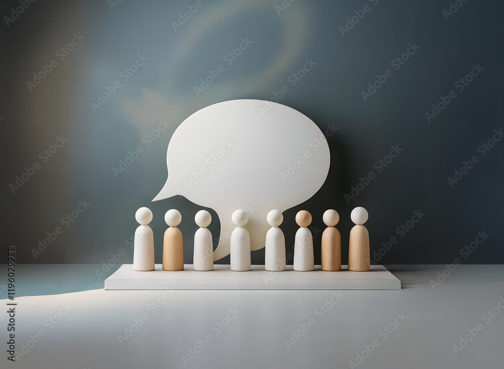 Poster a row of simple wooden figures stands before a large blank speech bubble, symbolizing communication 