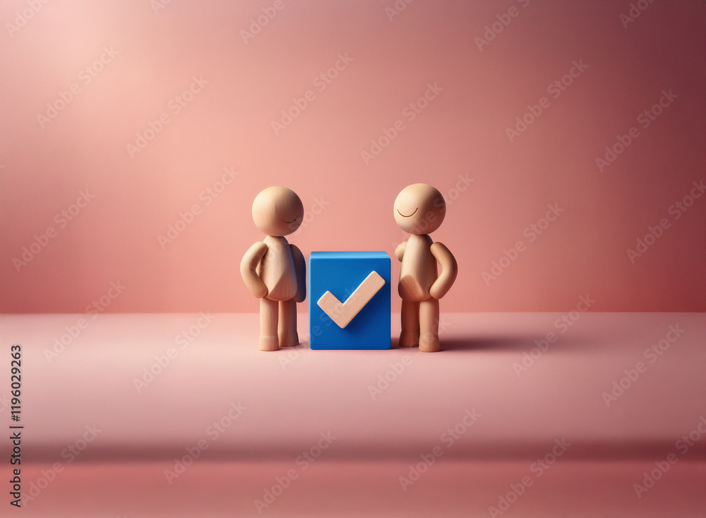 Poster two smiling 3d figures stand proudly beside a blue cube displaying a checkmark, signifying achieveme