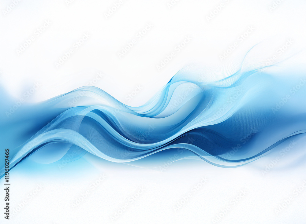 Poster abstract image of flowing, translucent blue waves on a white background. the waves create a sense of
