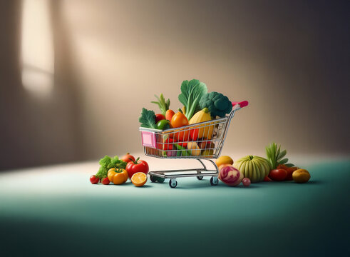 A miniature shopping cart overflowing with vibrant fresh produce sits on a teal surface, bathed in soft sunlight. A healthy and colorful still life representing grocery shopping.