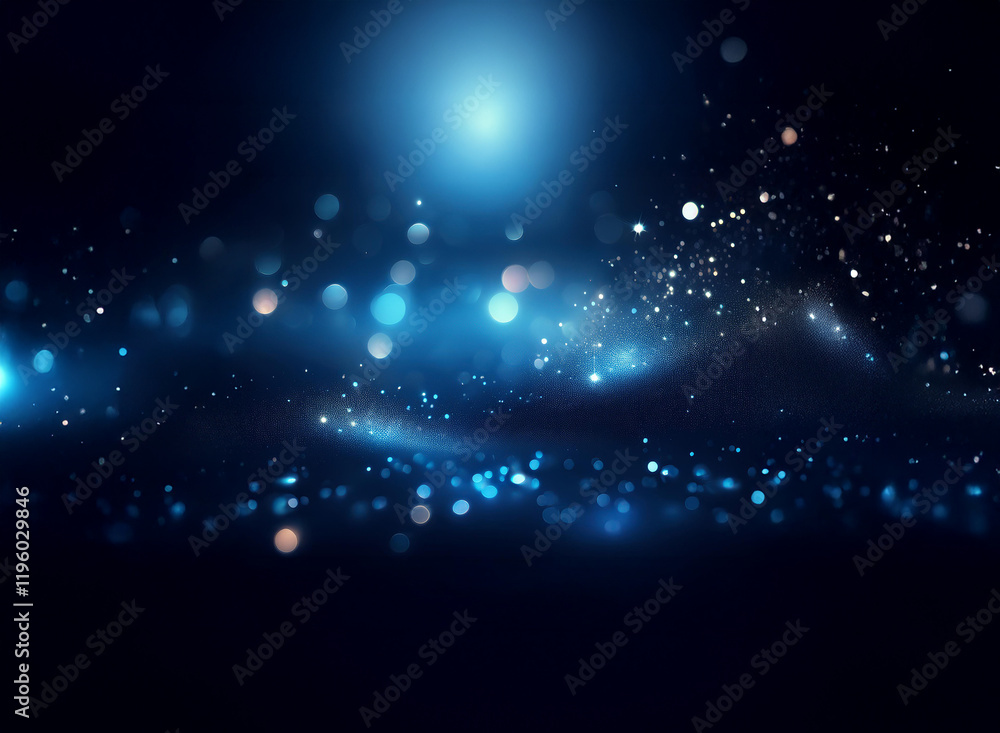 Poster abstract image of a dark blue background with bright blue light and bokeh effect, creating a celesti