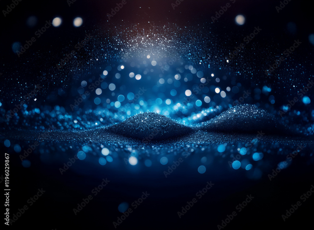Poster dark blue, glittering sand dune, illuminated from below, creating a mystical, cosmic landscape. spar