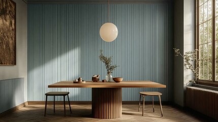 Modern D illustration of a Scandinavian dining room with a wooden table and elegant decor.