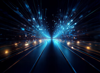 A mesmerizing digital artwork depicting a futuristic highway at night.  Bright blue energy streaks radiate from a vanishing point, creating a sense of speed and movement.  Warm lights line the sides o