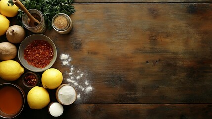 Raw turkey surrounded by lemons, garlic, and spices on a rustic wooden table. Thanksgiving
