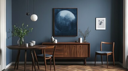 Modern D illustration of a Scandinavian dining room with a wooden table and elegant decor.
