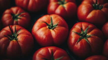 Close-up of ripe red tomatoes; vibrant colors and textures. Perfect for food blogs, recipes, and healthy eating themes.