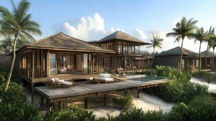 Fototapeta premium Open-concept beachfront villa with wooden accents and a lush tropical garden.