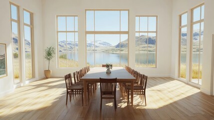Fototapeta premium Scenic dining room with a minimalist aesthetic, large windows, and a stunning lake and mountain view.