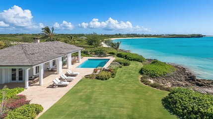 Obraz premium Sophisticated beachfront villa with minimalist architecture and blue skies.