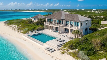 Sophisticated beachfront villa with minimalist architecture and blue skies.