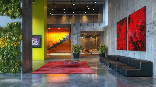 Spacious D-rendered interior with green walls, modern artwork, and night lighting.