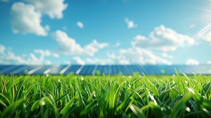 Obraz premium Lush green grass under a bright blue sky with sunlight illuminating the serene landscape