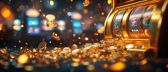  Gold coins spilling from slot machine in vibrant casino. Neon lights and sparkling atmosphere highlight excitement, chance, and thrill of gambling and winning big.