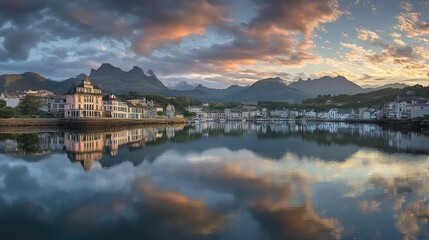 Sunrise over a peaceful sea port, with reflections on calm water.