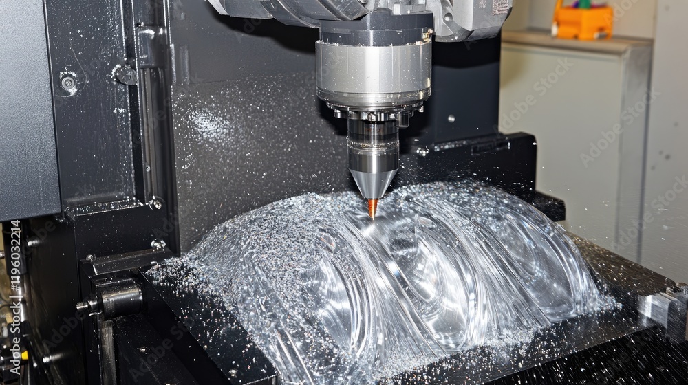 Poster a fully automated robotic machining center cutting complex shapes.