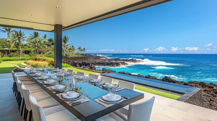 Ultra-modern beachfront villa with outdoor dining area and bar.