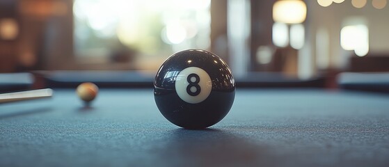  Close-up of iconic black eight-ball sitting near edge of pool table, blurred background showing scattered balls and cue stick resting on surface, creating classic billiard scene.