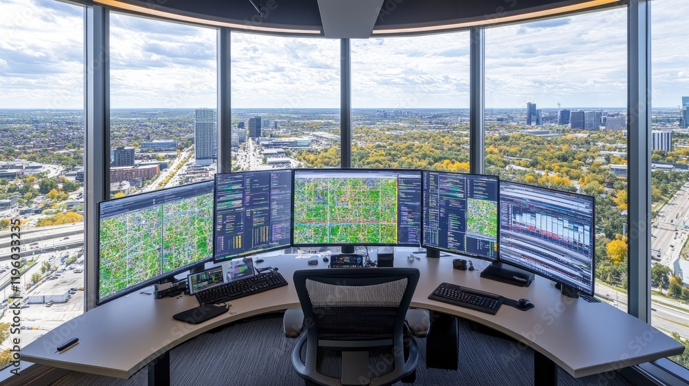 Poster a high-tech workstation with multiple screens displaying rd data and graphs.