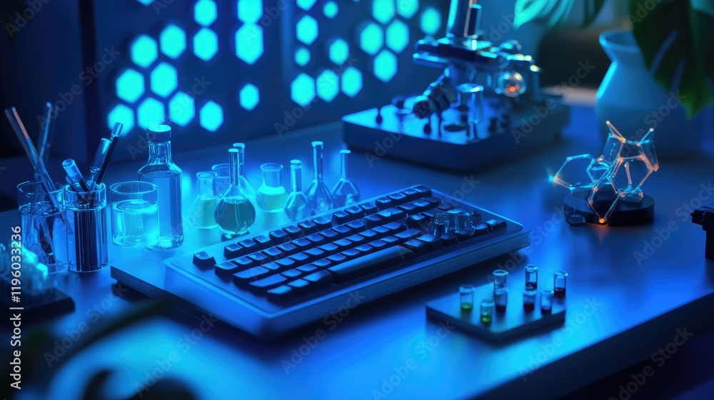 Aufkleber a high-tech lab table with chemical samples and advanced measurement tools.