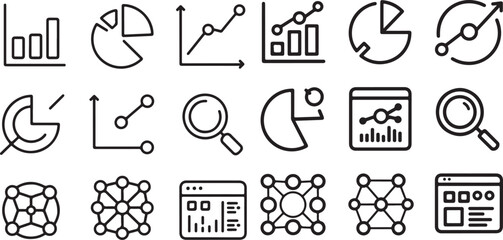 Fototapeta premium Line icons collection featuring graphs, pie charts, magnifying glasses, network diagrams, and data analysis designs for business and technology projects.