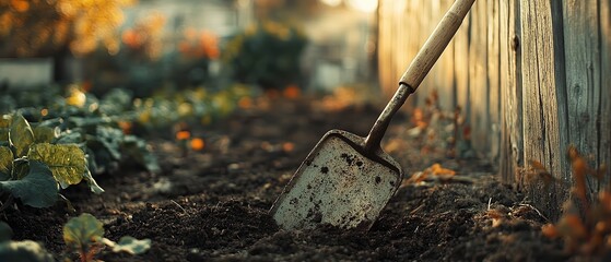  Garden hoe leaning against wooden fence with dirt smudges on metal blade, blurred background showing vegetable patches and gardening tools, creating rustic and natural gardening scene.