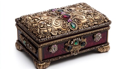 A luxurious, decorative jewelry box with ornate carvings and gemstone accents.